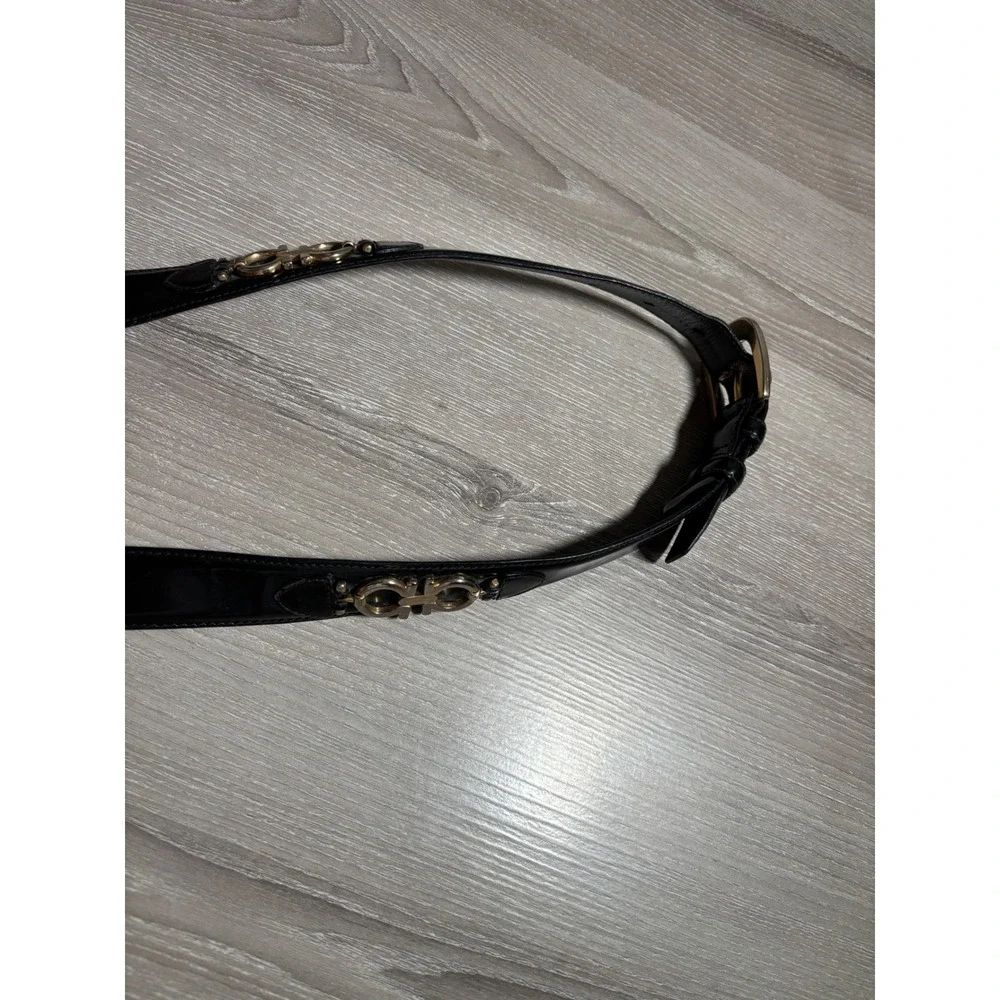 Salvatore Ferragamo Womens Black Leather Gancini Logo Belt Gold Silver Hardware